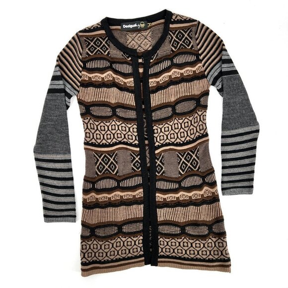Desigual‎ Jers Dounty Longline Cardigan Duster Brown Fair Isle Size M - Picture 1 of 8